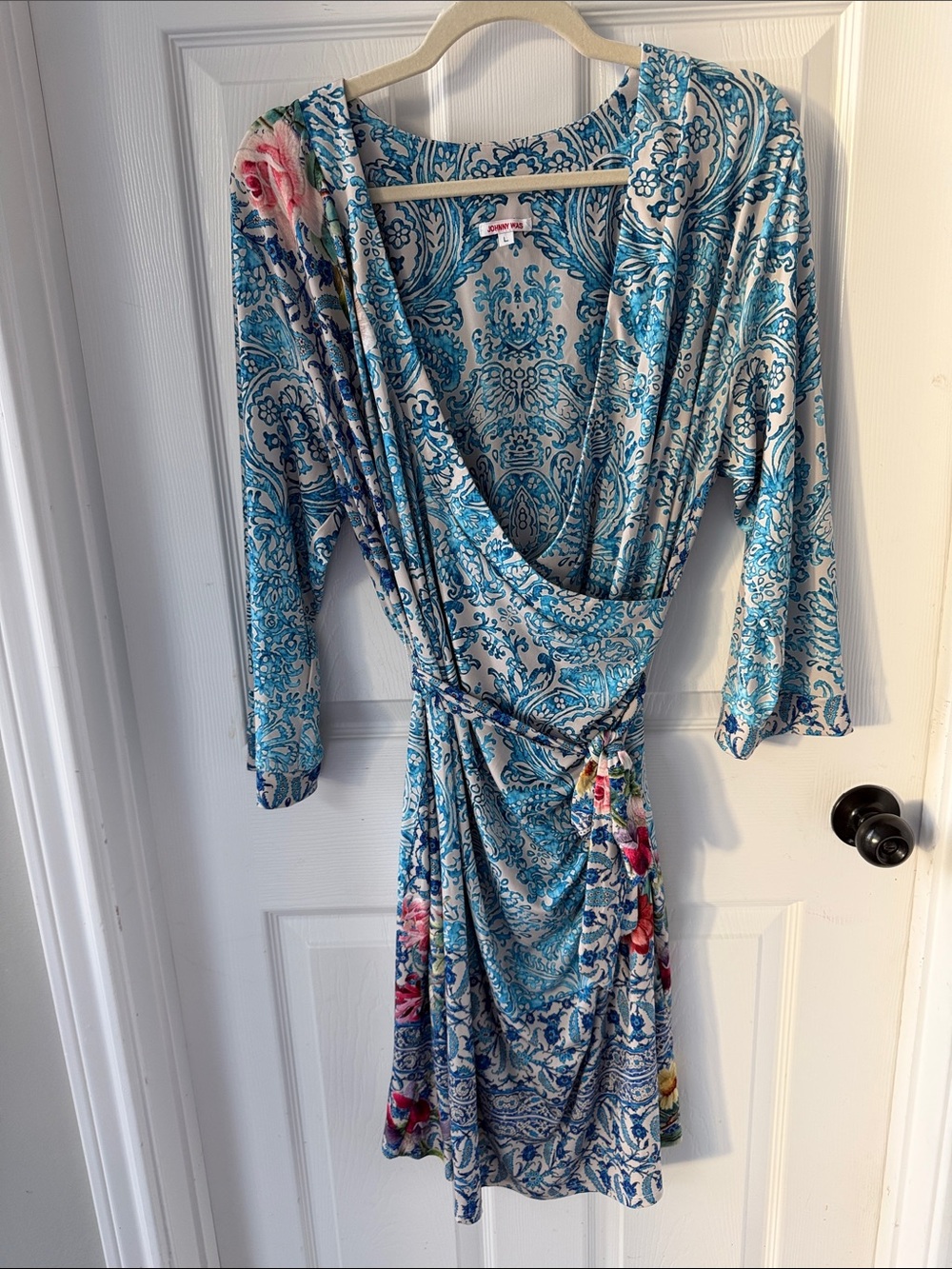 Johnny Was Blue Paisley Wrap Dress with Floral Accents